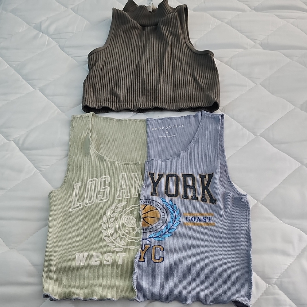 Aeropostale Ribbed Crop Top Trio - Taupe, Sage, Periwinkle